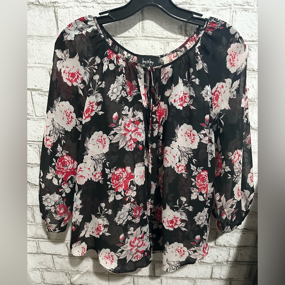 Size L black long sleeve sheer blouse with magenta/gray floral print. BrandByxBy